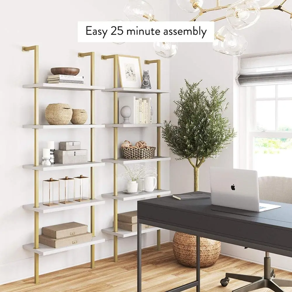 
5-Shelf Ladder Bookcase with Brass Metal Frame Wooden Shelves For Living Room Organizer 