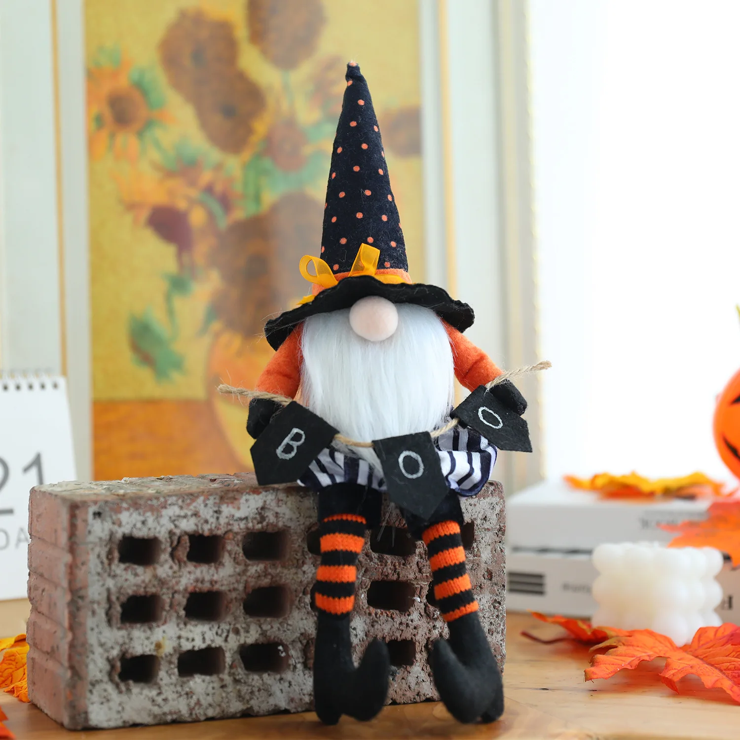 Halloween gnomes plush faceless dolls  handmade broomsticks black flags long legs tall hats faceless dolls for Halloween decors