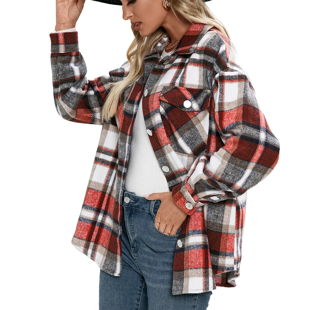 2022 Custom Casual Plaid Button Down Shirt Shacket Wool Blend Long Sleeve Lapel Jacket Coat for Ladies