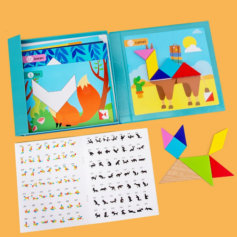 New Design Multifunctional Cute Magnetic Tangram Toys  Hot Selling Kids Intelligence Development Creative  Wooden Puzzle Book