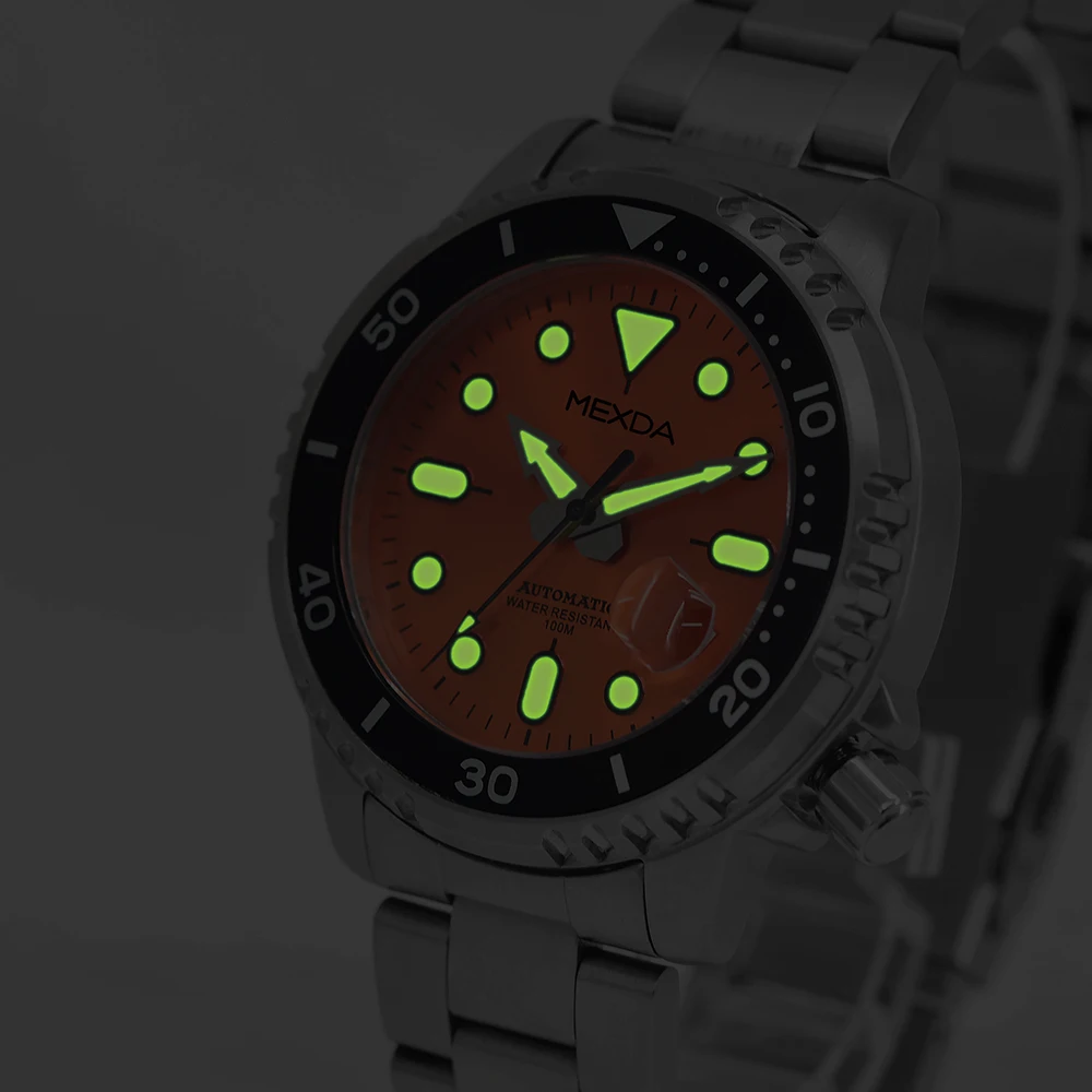 Mexda Charm Watch Stylish Durable Wristwatches Oem Luminous Hands Orange Dial SS Bracelet Automatic Watch for Men Relojes Hombre
