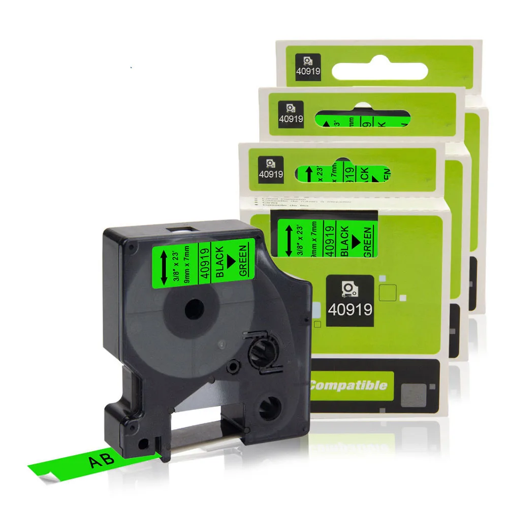 compatible DYMO printer label tape Pack Laminated ribbons 40919 9mm Black on Green laminated Tape