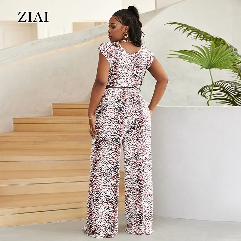Large size two-piece leopard print European and American wrap-chest wide-leg pants suit