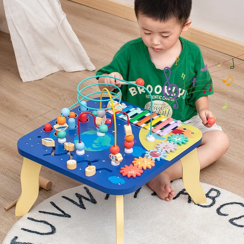 5 In 1 Multi-functional Busy Board Montessori Kids  Educational Toys Bead Maze Table Wooden Xylophone Toy Gaming Desk