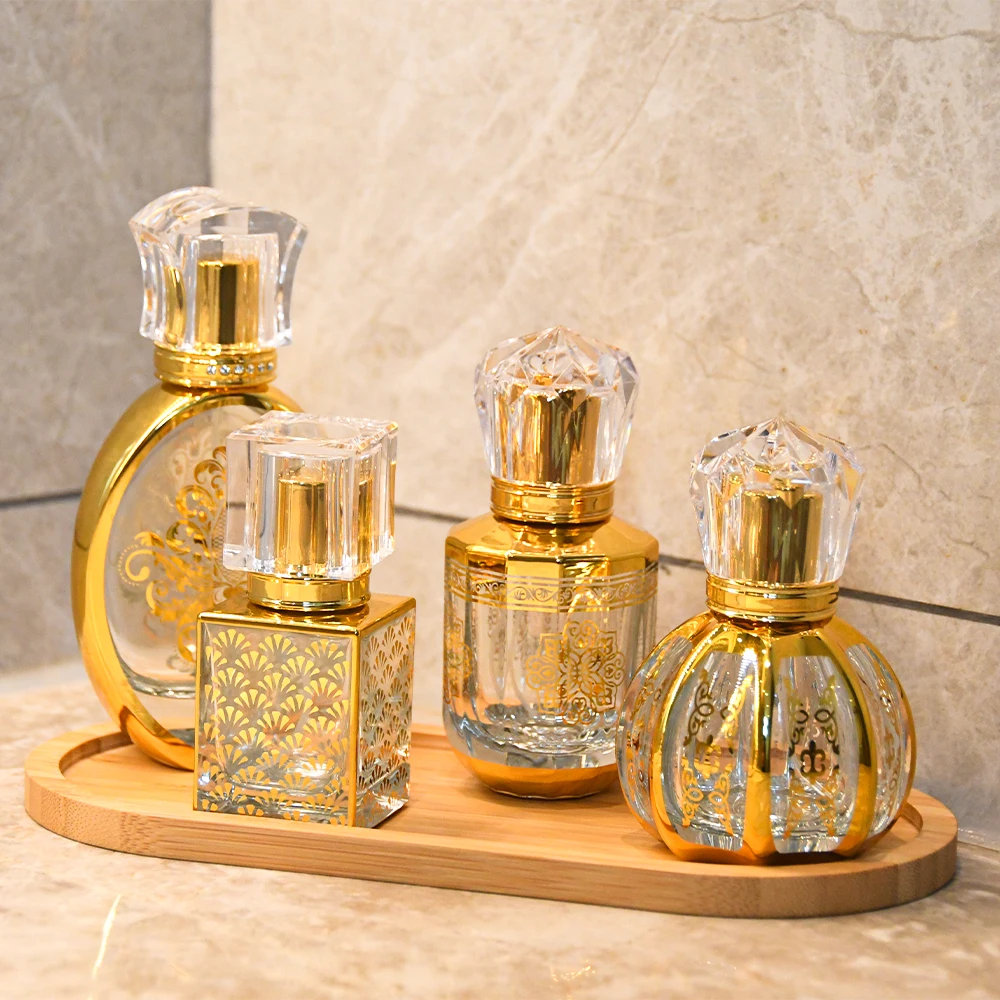 Gold 50ml Perfume Empty Bottle Arabic Dubai Crystal Glas Luxury New Design Empty Custom Engraved Perfume Bottles