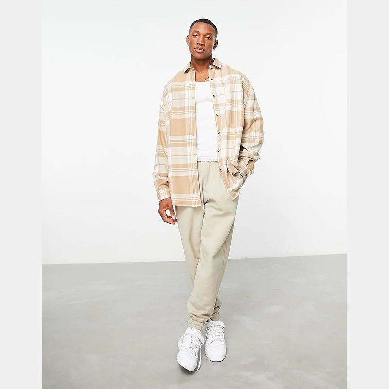 Oversized fit viscose blend drop shoulders shirt spread collar short sleeves button-up front fashion plaid shirt for men