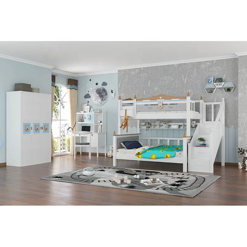 wholesale price Wood Children Beds for boy kids bedroom furniture with 3 door wardrobe and white bunk beds kids
