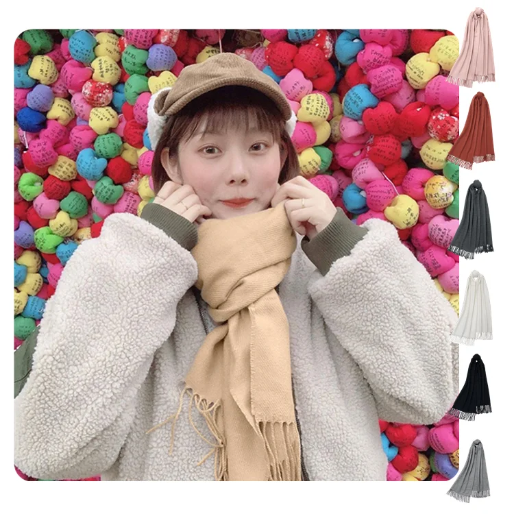 Embroidery Custom Winter Warm Feeling Pure Color Long Neck Gaiters Men Women Fashion Tassel Shawl Knitting Unisex