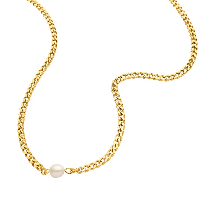 Curb Chain Choker Necklace with Natural Freshwater Pearl Pendant | Waterproof Hypoallergenic Design