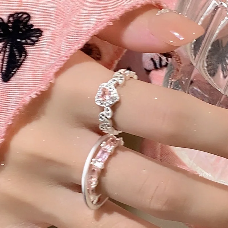 Color Diamond Promise Hollow Heart Shape Engagement Rings Pink Heart Zirconia Finger Rings For Lovers Bridal Jewelry