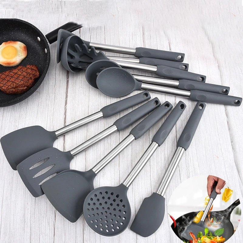 Hot Selling Kitchen Accessories Silicone Cooking Utensil Set with Copper Handle 10 Pcs Kitchen Gadgets Tools Set Non-stick Heat