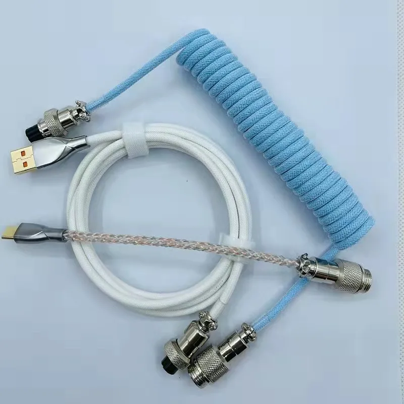 Mechanical keyboard cable USB type C rainbow color braided spiral coiled extension portable cable with RGB light