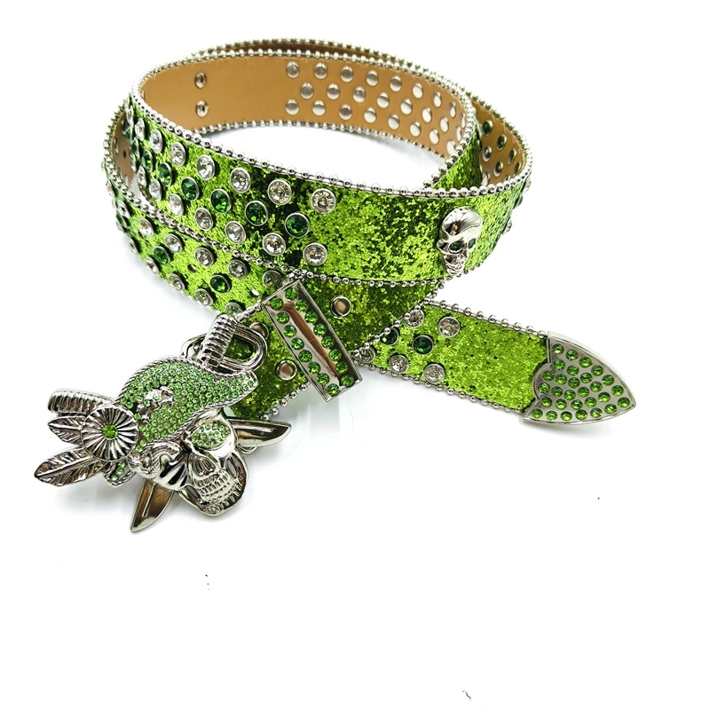Pirate head buckle Western Belt cowboy and cowgirl crystal and skull belt men and women diamond Rhinestone belt