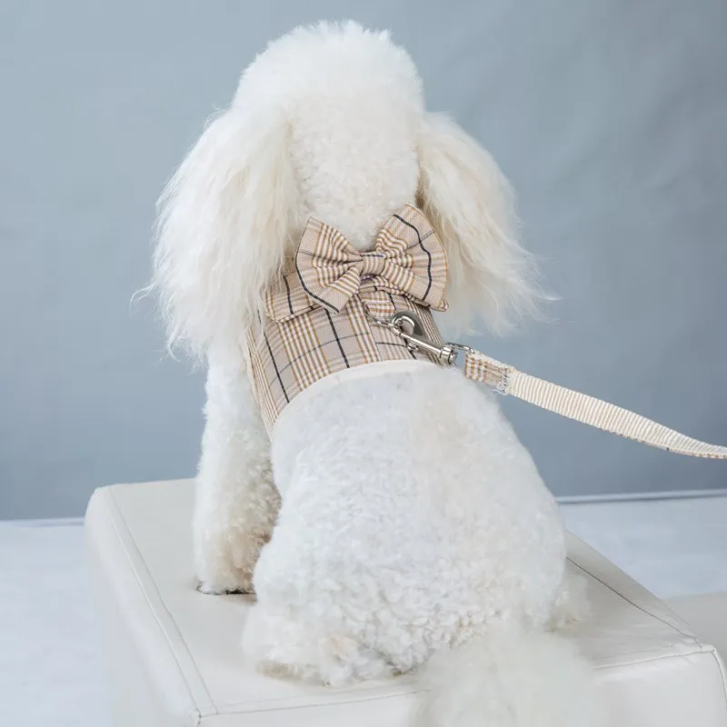 Luxury Dog Harness Pet Apparels Dog Couple Clothes Plaid Cat Puppy Small Dogs Harness Dress Bowknot Vest Harness with Leash Set