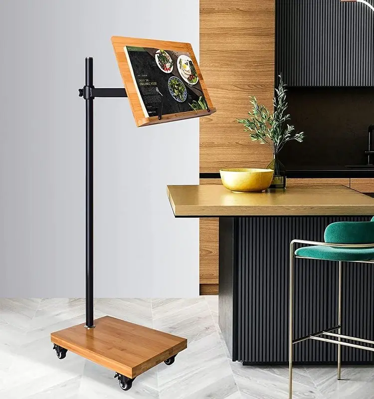 Bamboo Large Cookbook Stand With Retro Hollow Elegant Pattern Adjustable Book Holder Cookbook Stand