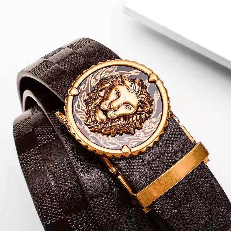 customized leather belt with lion head buckle