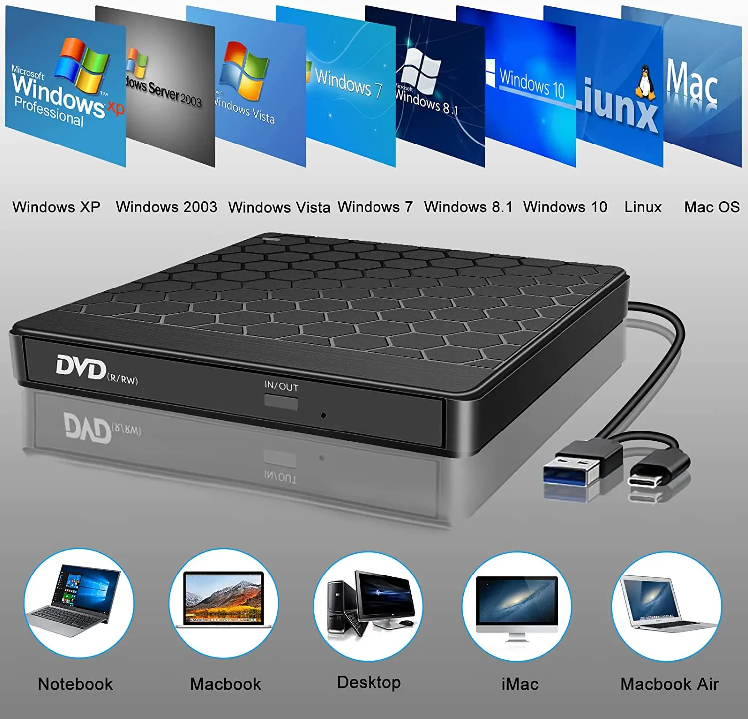 New CD Burner USB 3.0 with 4 USB Ports and 2 TF/SD Card Slots for Laptop Mac PC Windows 11/10 Linux OS usb external dvd rw drive