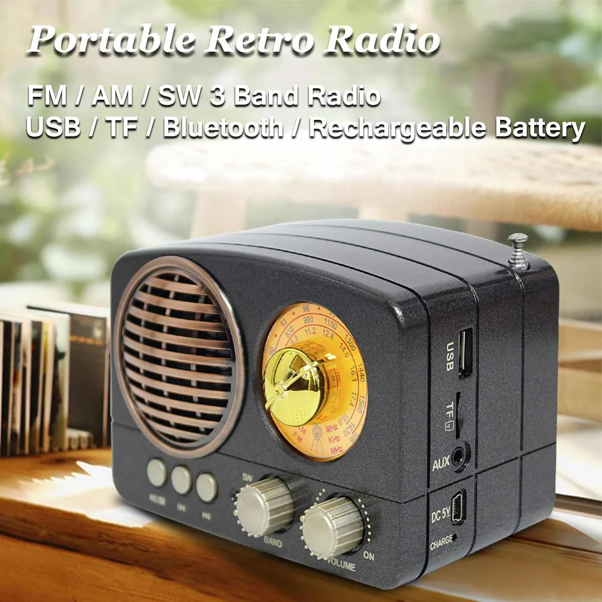 Vofull 2022 Hot Selling Wireless HIFI Speaker Stereo Headset Potable Retro Radio With FM AM SW USB AUX TF Card MP3
