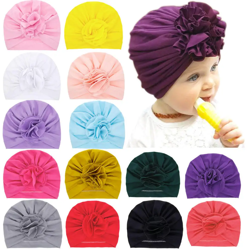Hot selling olid Nursery Hospital baby turban hat knot hair band big flower baby headband elastic Headwraps for Baby