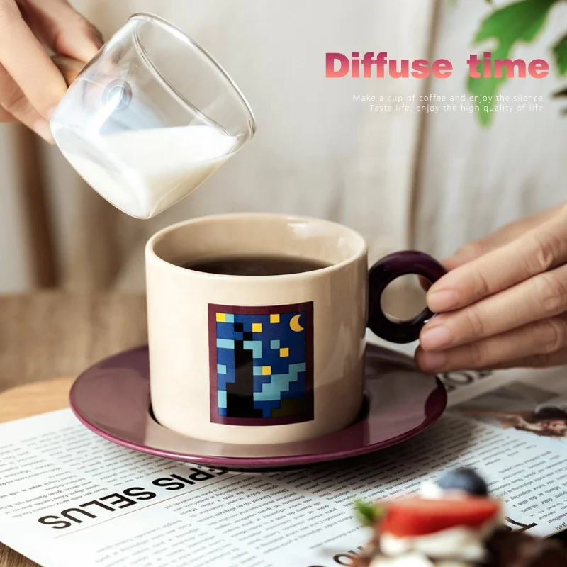 Pixel Style Ceramic Tea set Porcelain Mug Dinnerware Pure Glazed Tea set New Bone China Kitchen Decoration with Saucer Set
