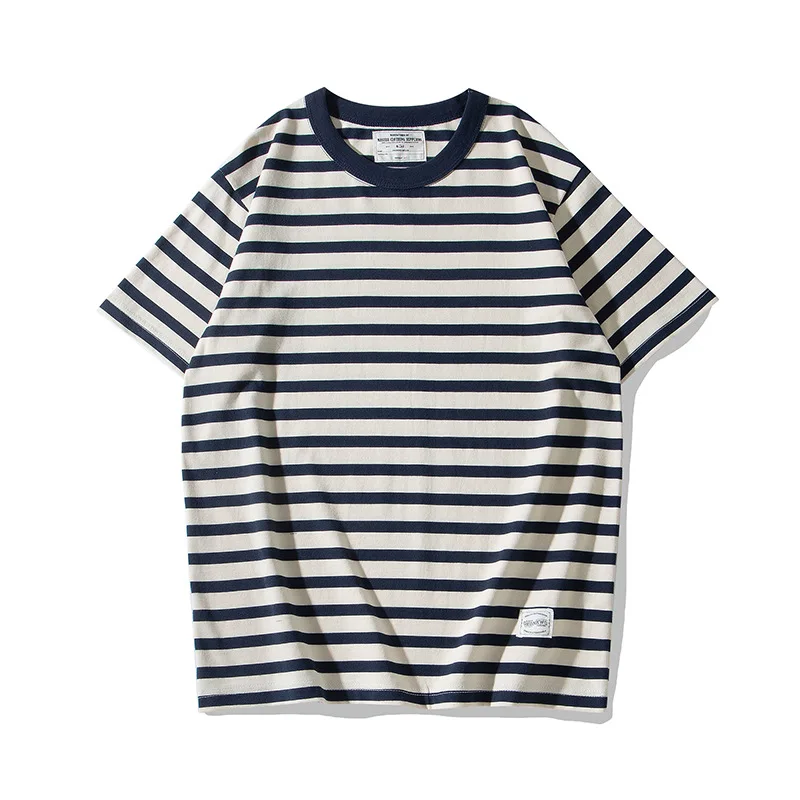 Top quality 230gsm heavy  round neck short sleeve striped naval style t shirt  100%cotton  men