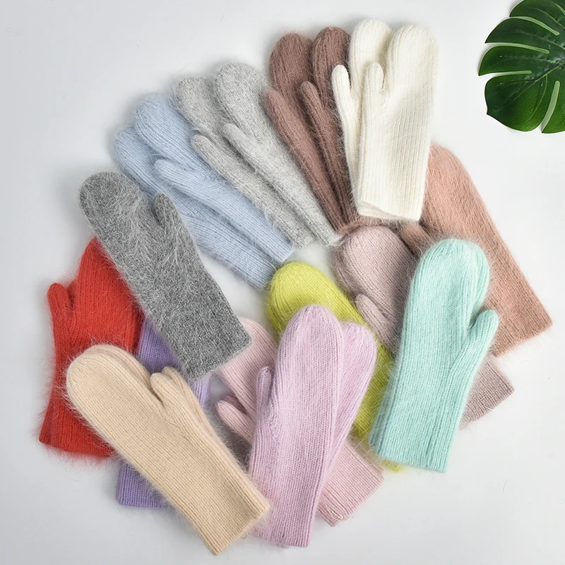 Winter Angora Wool Blend Knitted Gloves for Women Warm Colorful Mittens Fashion Ladies Gloves