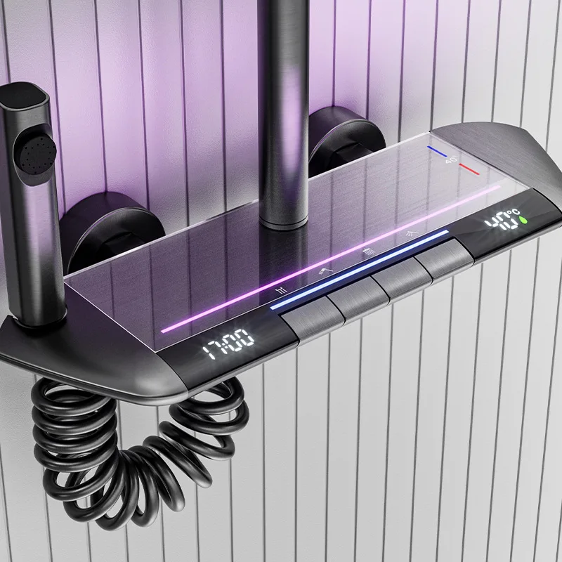 Tiktok New Trend Piano Key Digital Display Led Shower System 4 Functions Waterfall Atmosphere Lamp Shower Combo Set