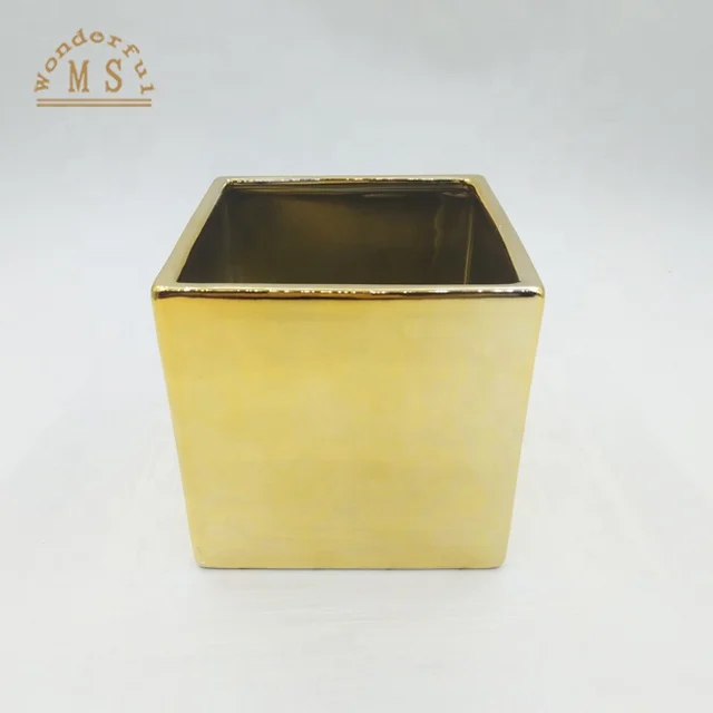 Wholesale heavy cube ceramic flower pots with electroplating gold silver cooper and white black red color glazing home decor