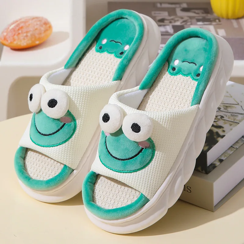 Cow panda linen open slippers home indoor cute floor comfortable platform men and women animal cloth