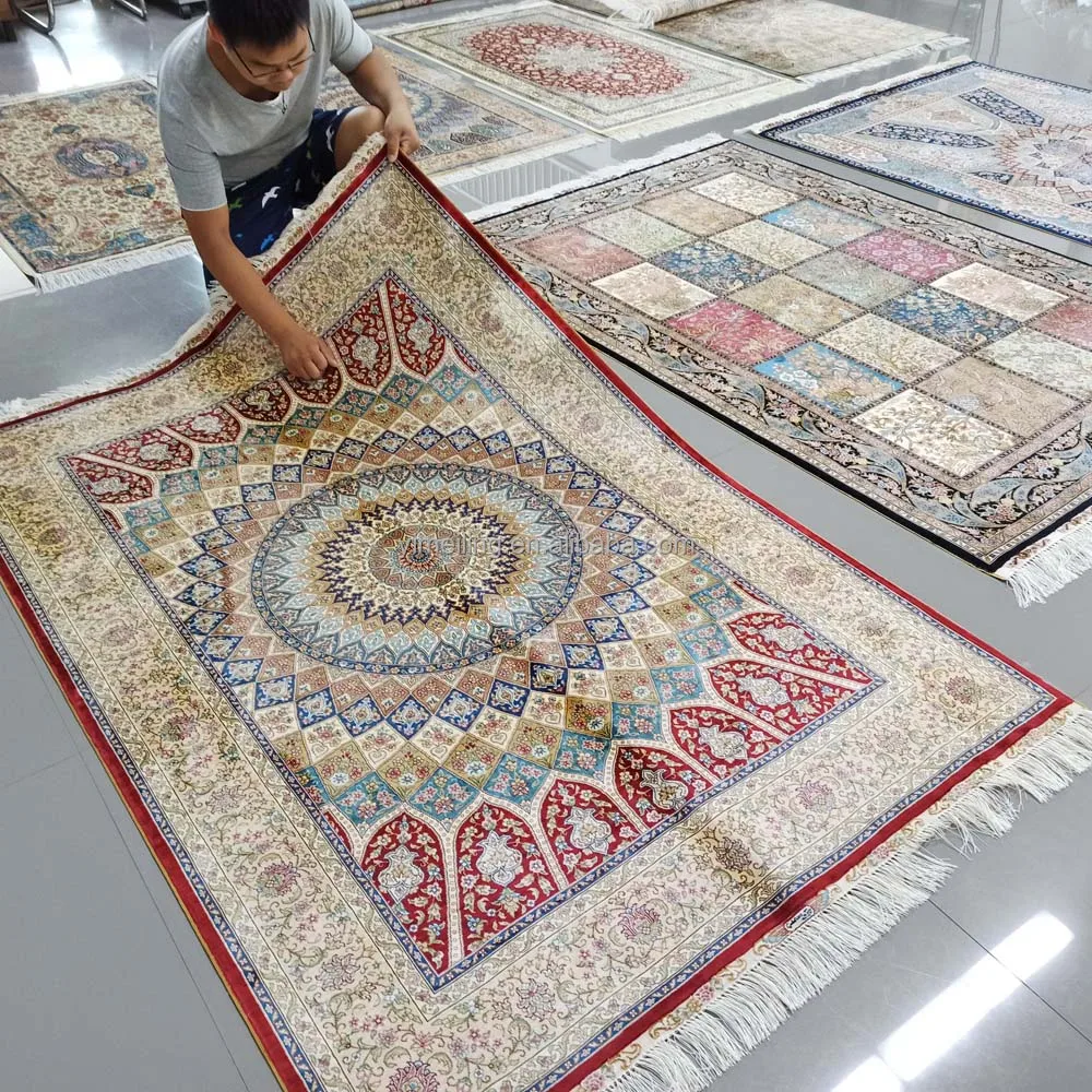 4x6 Red Qum Medallion Design Hand Knotted Persian Silk Rugs Henan Pure Handmade Carpets for Bedroom