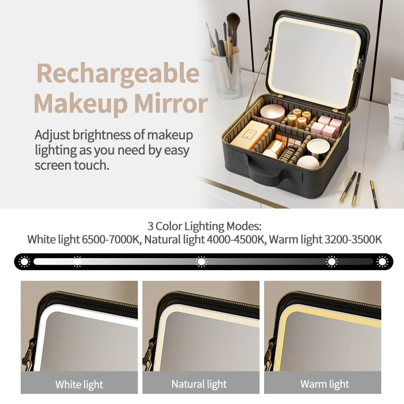 Cosmetic Portable Travel Storage Box With Led Rechargeable Vanity Bags Makeup Case With Led Light Mirror