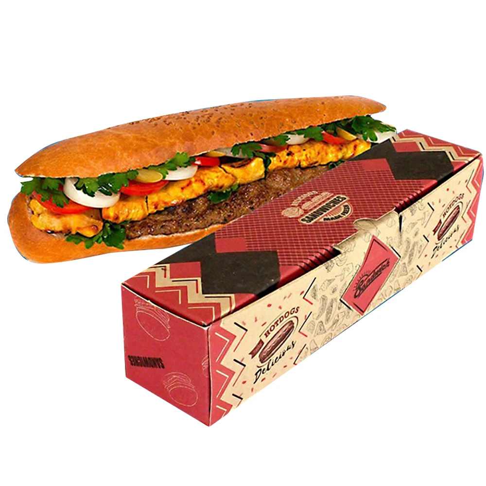Disposal Custom Printed Hot Dog Box Fast Food Container Package Takeaway Kraft Paper Boxes For Snack Burger Sandwich