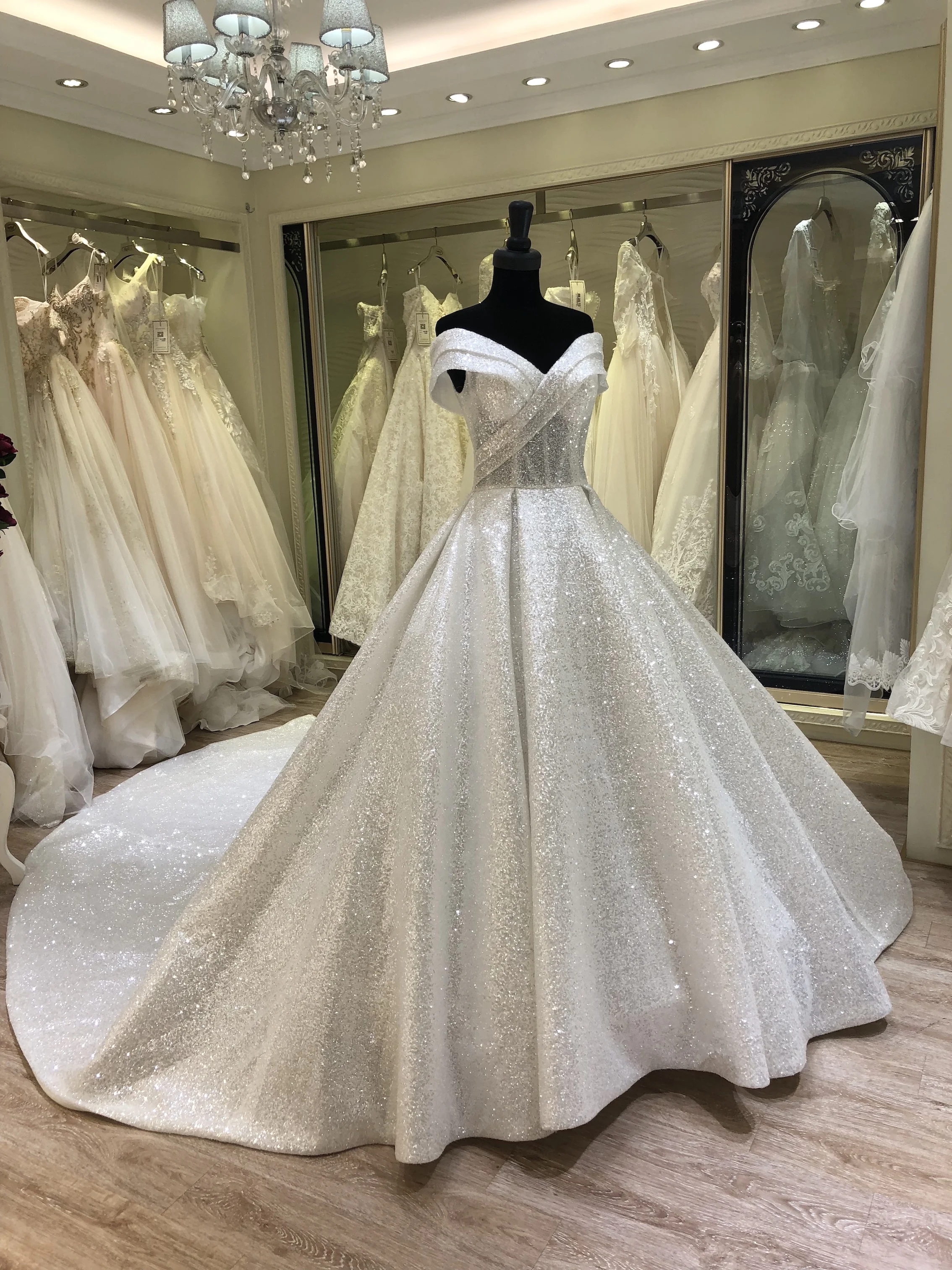 2021 real sample off shoulder chapel train wedding dress robe de mariage bling bling bridal dress