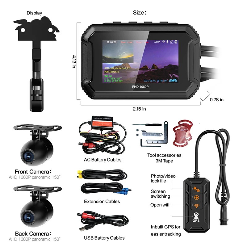 HD 1080p WiFi Motorbike Video Recorder with 3.0-Inch LCD Screen Night Vision Front & Rear Dual Recording 1-Year Warranty