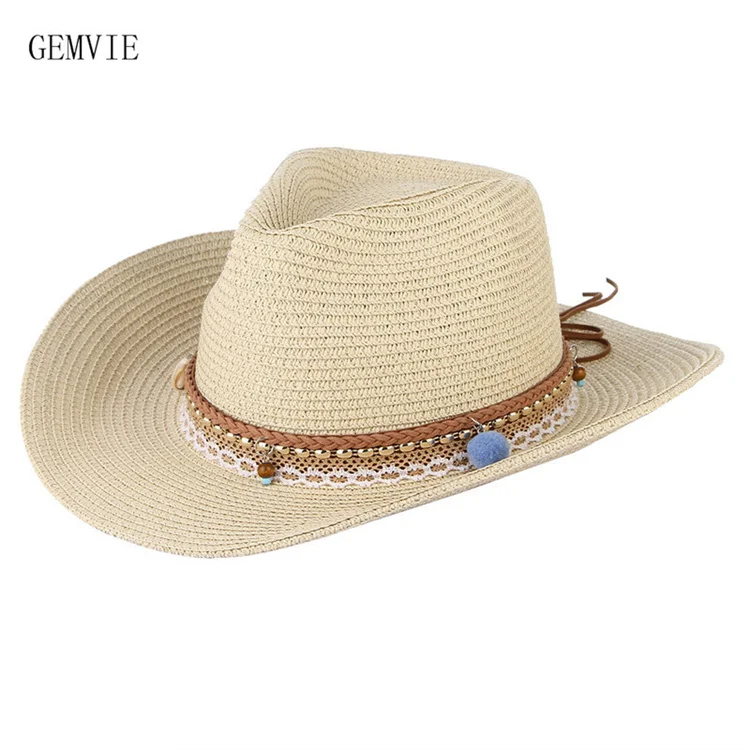 Lace Monochrome Straw Hat Fedora Hats For Adults Western Cowboy Wide Brim Straw Hat