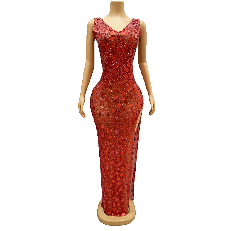 Sparkly Red Mirror Rhinestone Transparent Split Long Evening Wedding Costume Women Birthday Show Dress plus size