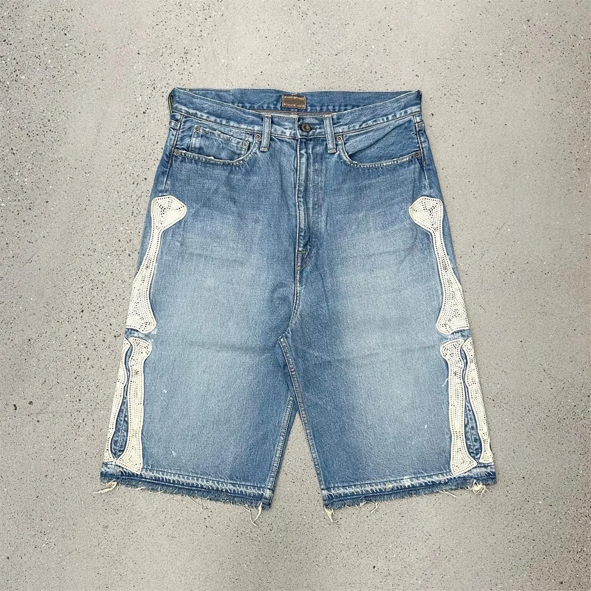 High Quality Mens Applique Jorts Cowboy Knee Length 100% Algodon Distressed Washed Raw Hem Denim Ripped Jeans Shorts Jorts