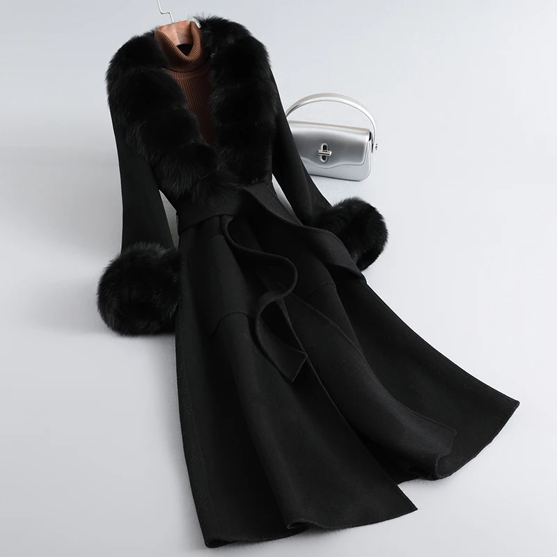 Female Wool Tweed 2023 Winter Warm Long Coats Lady Girl Fox Fur Collar Cashmere Overcoat Parka JT3384