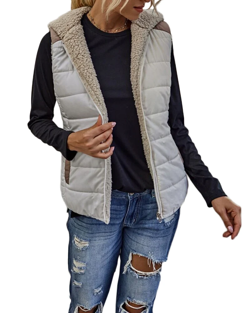 Низкий минимальный заказ зимние теплые модные простые Лоскутные пальто без рукавов плюшевые двусторонние женские безрукавки с капюшоном