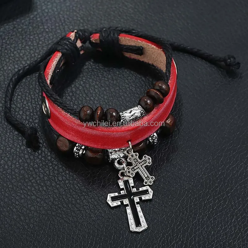 Men and Women Vintage Cross Beaded Braided Black Punk Adjustable Wrap Cuff Bracelet