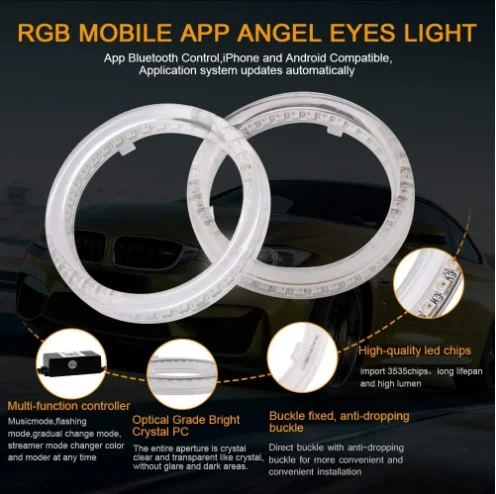 RGB Car Angel Eyes Halo Ring  COB led angel eyes halo rings for all cars, led angel eye kits Control Multi-Color Led Light