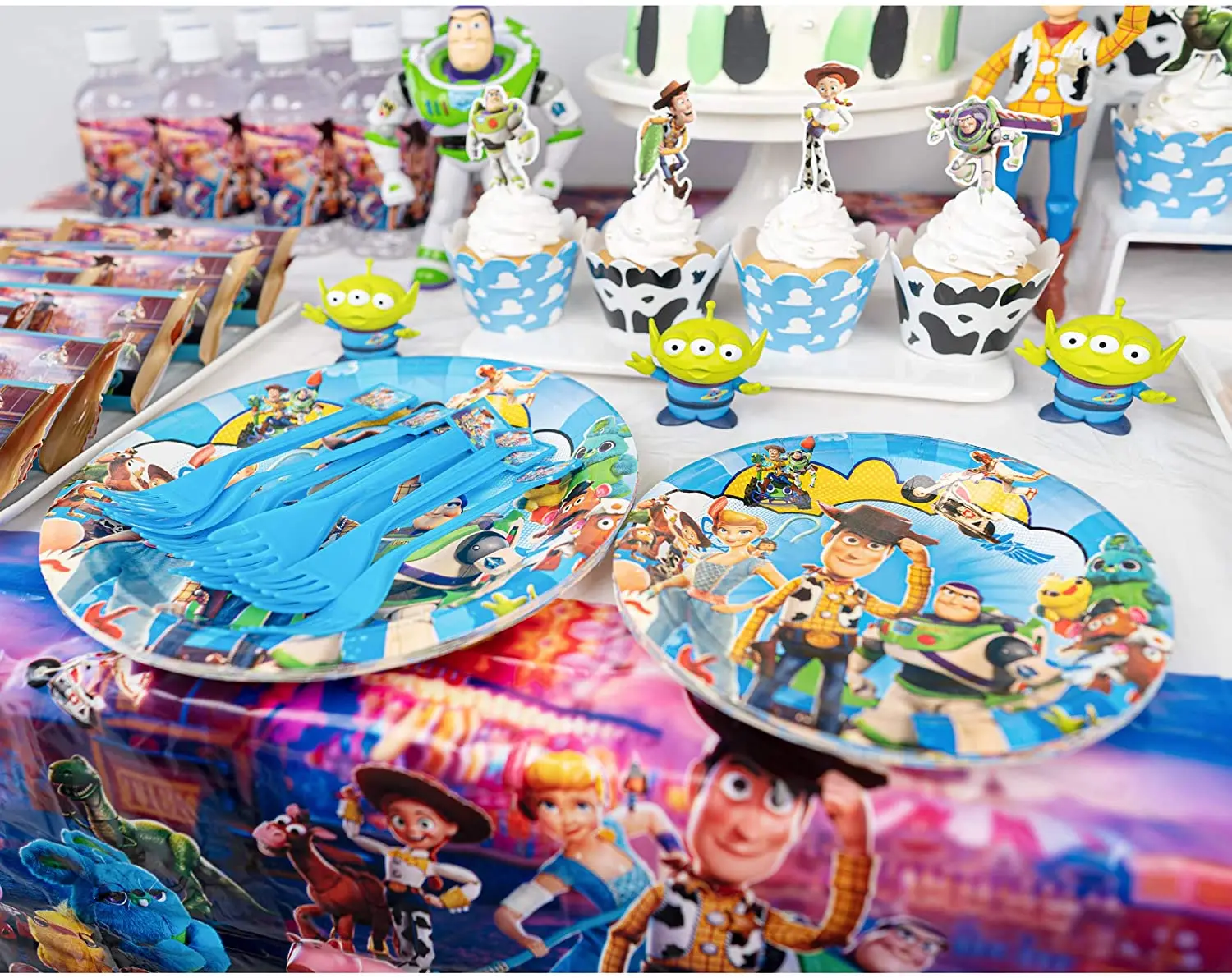82 Pcs Party Favors Banner Cake Topper Plates Cutlery Foil Balloon for Kids Themed Party Toy Story Birthday Decorations