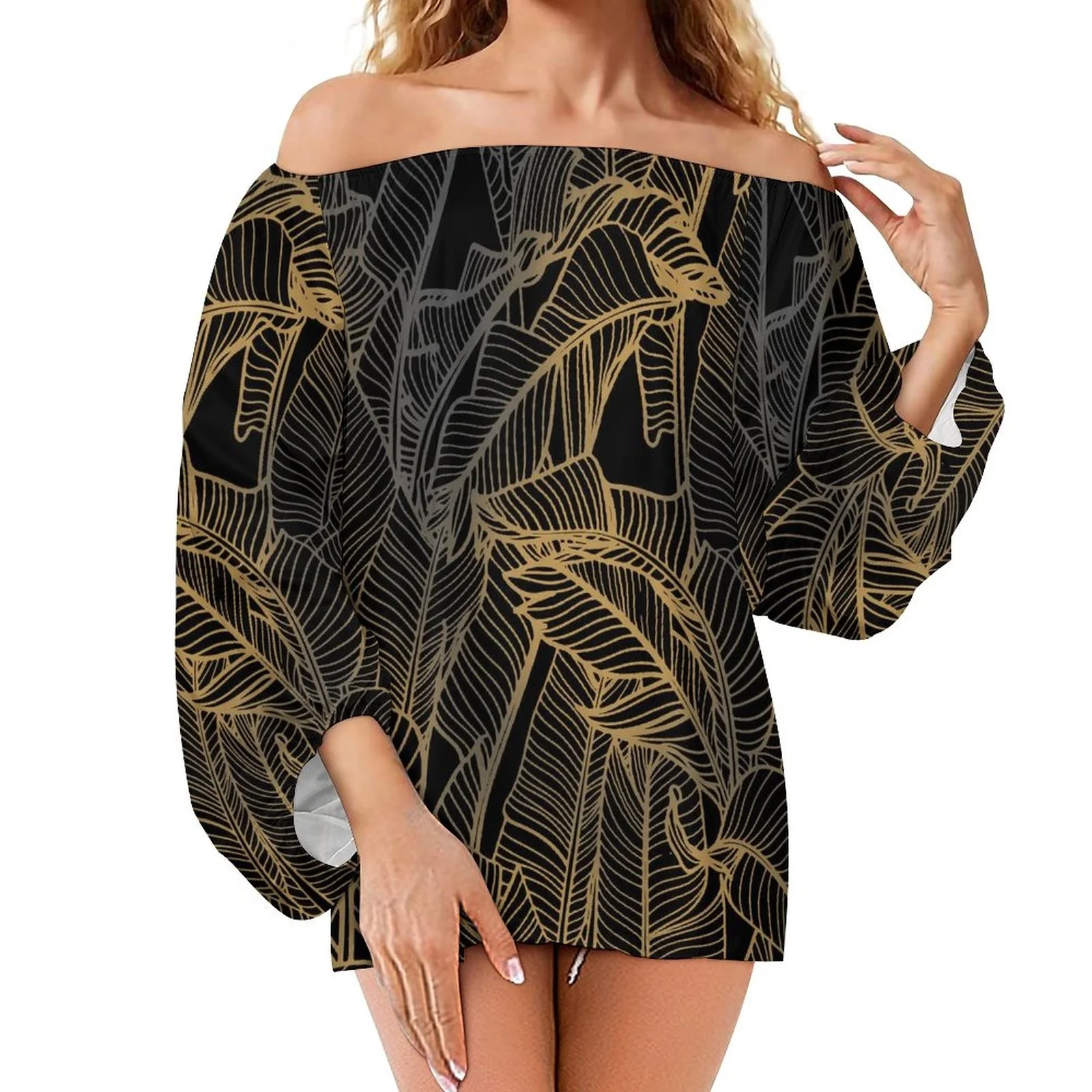 custom on demand black vintage fall casual elegant women tops polynesian tribal design plus size one shoulder shirt blouse
