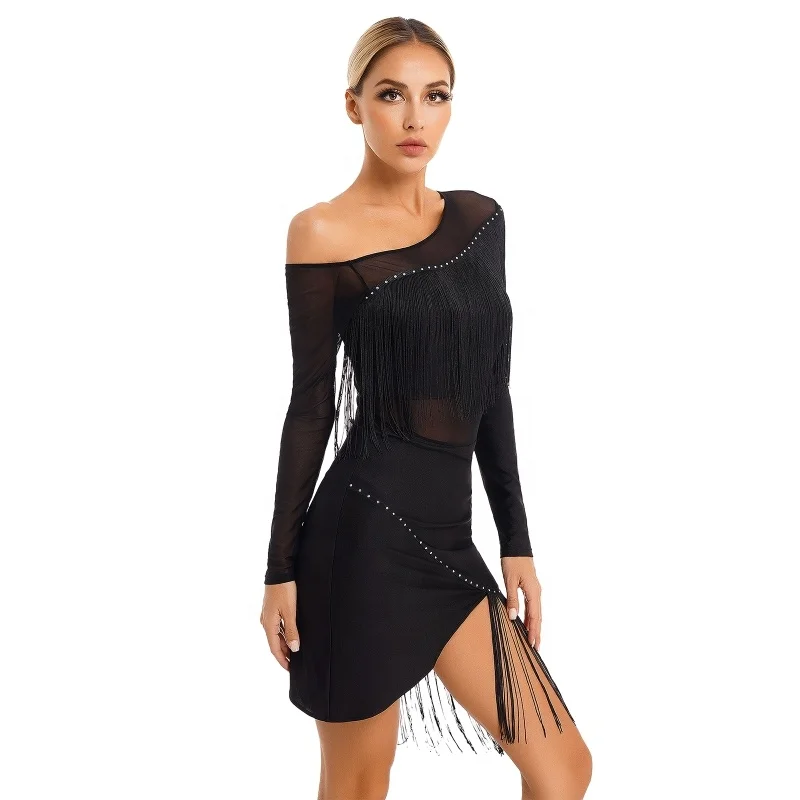 Womens National Ballroom Fringed Tango Samba Dance Dress Mesh Long Sleeve Latin Dance Performance Dress