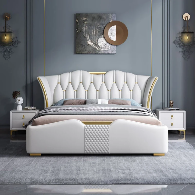 HANYEE Luxury Italian Faux Leather Platform King and queen size Bed with storage and drawers for bed room Comfortable Sleeping