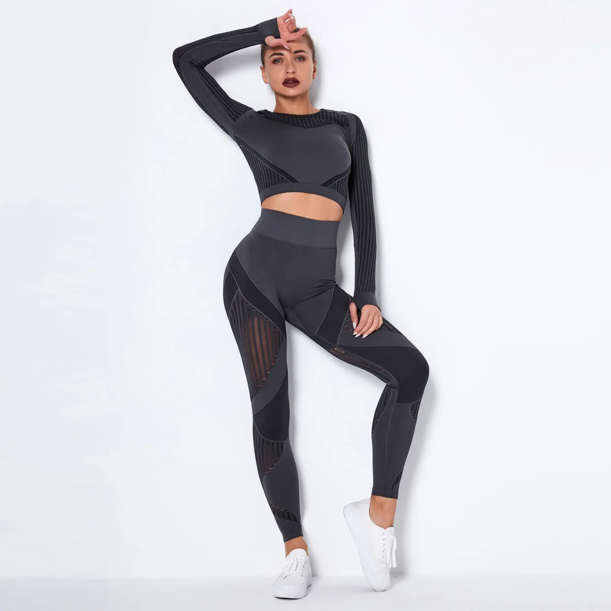 Seamless Mesh Quick Drying Sports Fitness Yoga Wear Gym Outfit Active Wear Mesh Crop Top Long Sleeve Yoga Pant Leggings Set