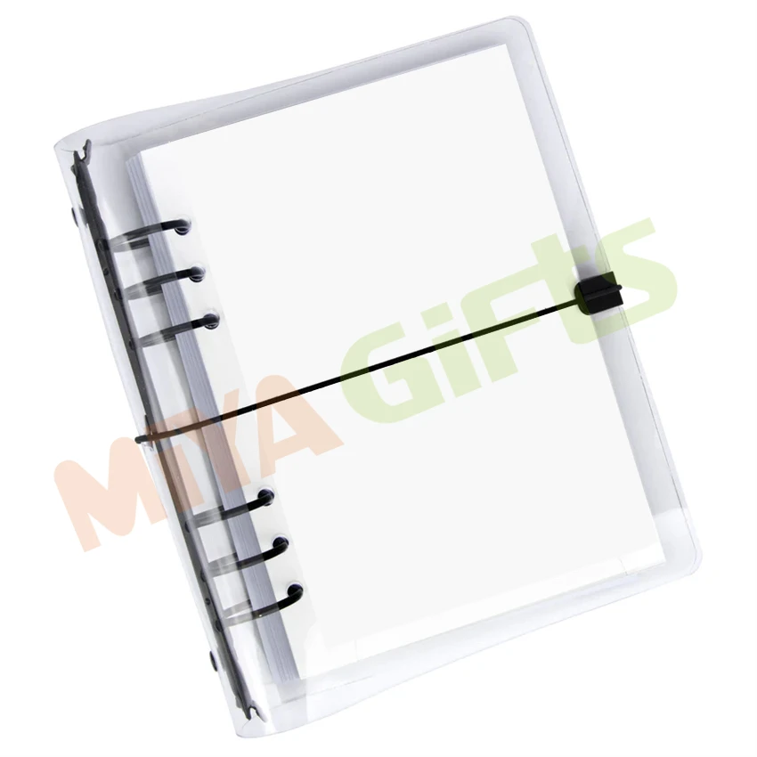 Custom A4 A5 A6 A7 clear binder transparent vinyl plastic planner cover 6 black ring notebook with elastic string closure