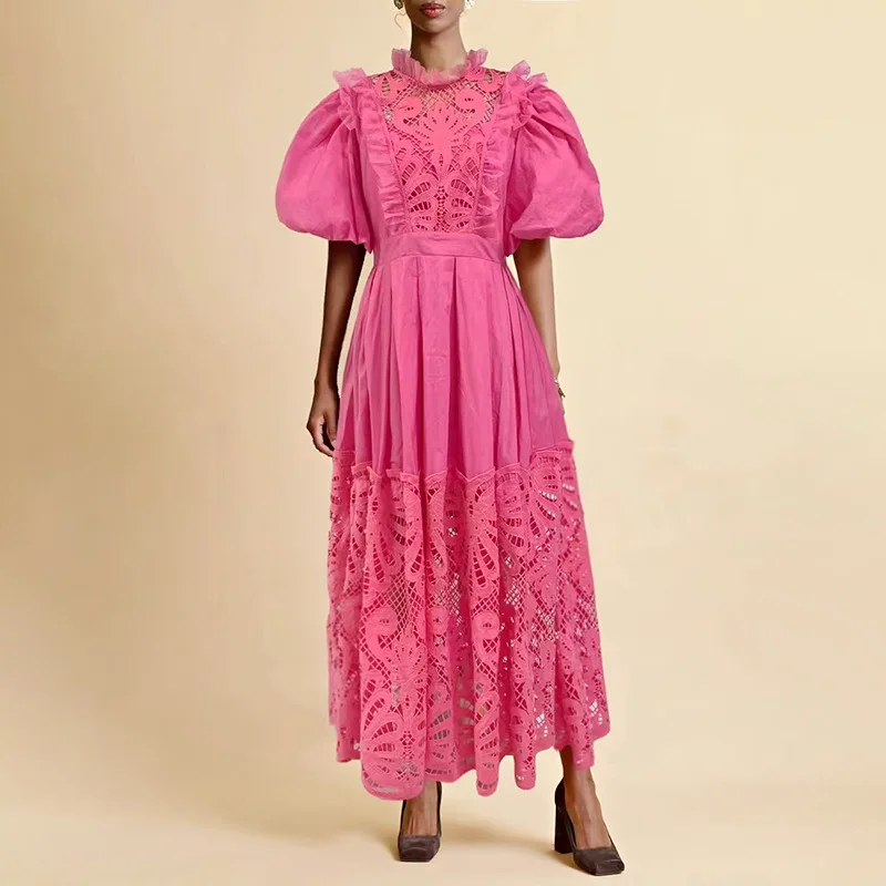 2023 New Autumn Style Classic Style Design Lace Embroidery High Waist Slimming Solid Color Long Dress Women