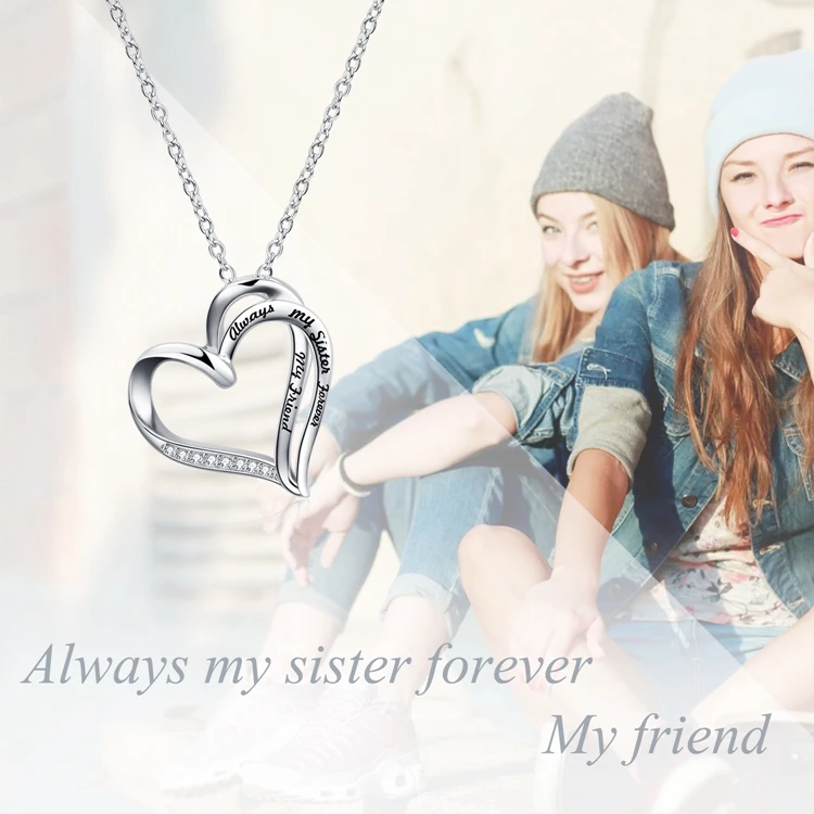 Fine Jewelry 925 Sterling Silver Engraved Zircon Double Love Heart Pendant Necklace