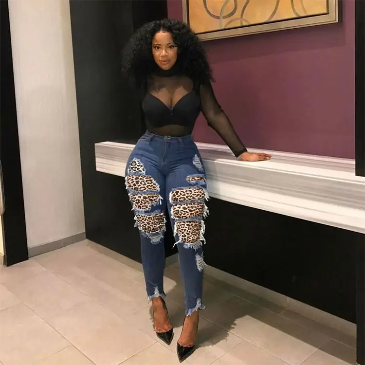 
New Fashion Style In Stock sexy leopard patch skinny rip jeans women plus size 